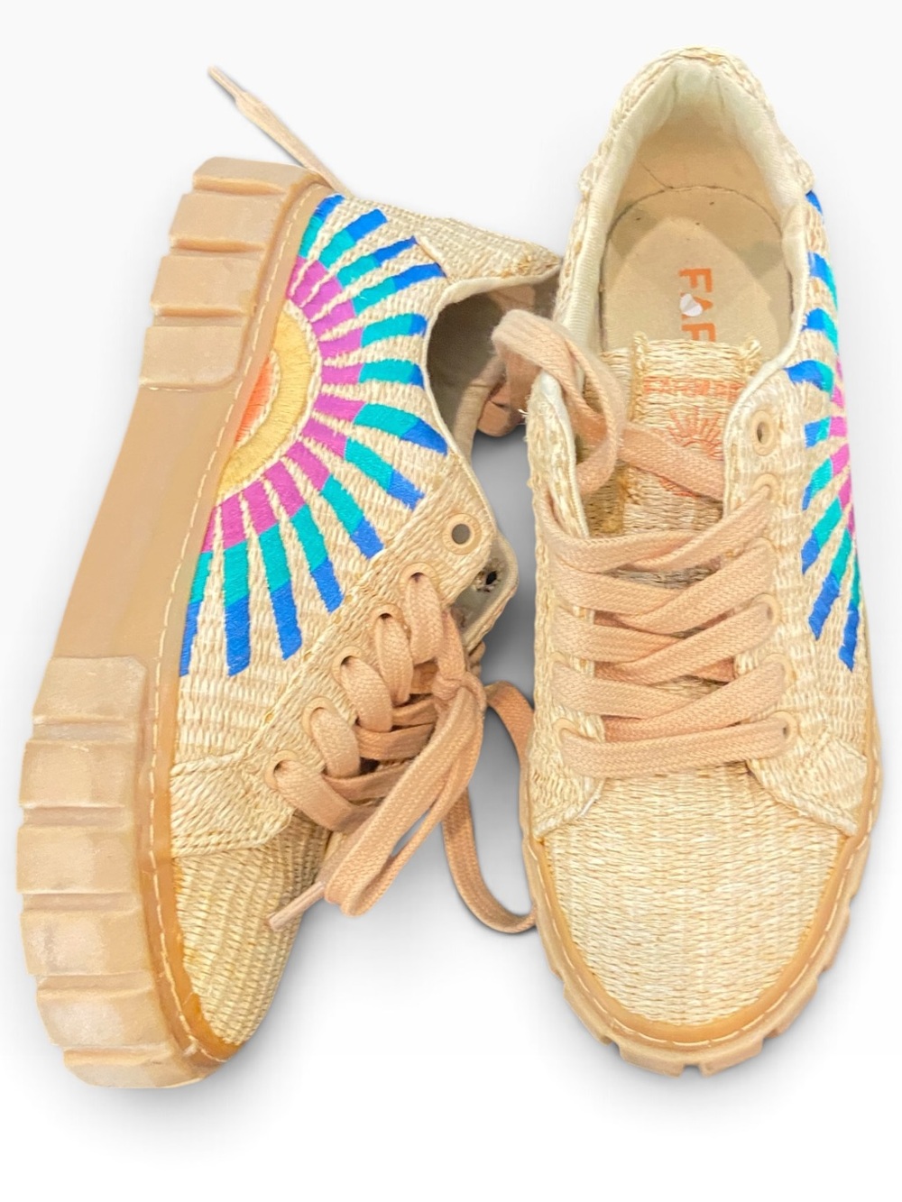 Farm Rio Natural Woven Low-Top Sneakers with Multicolor Sunburst